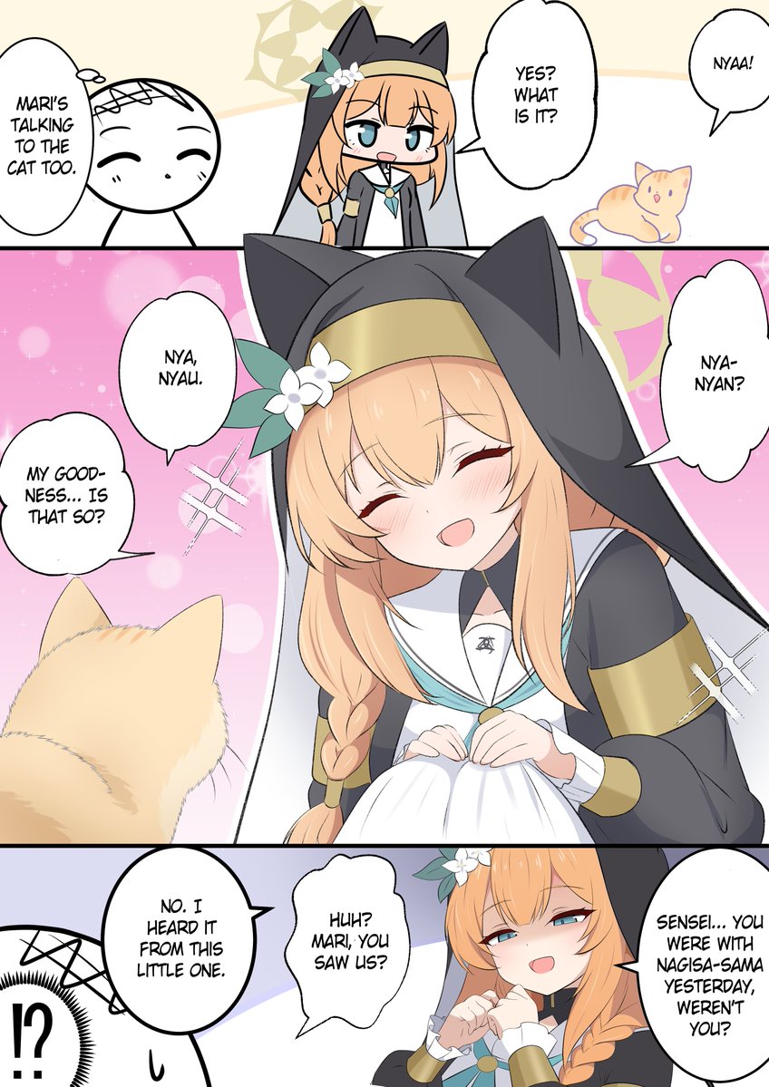 Cheese6Mac's tweet photo. 語版です! [EN]
Mari and Kitty
A continuation of yesterday’s Nagisa manga!
Both cats are cute, aren’t they...?
Translation/英訳 @TheParacite
Typeset/植字工 @Cheese6Mac
#ブルアカ #BlueArchive https://t.co/2p8abKeUmk
