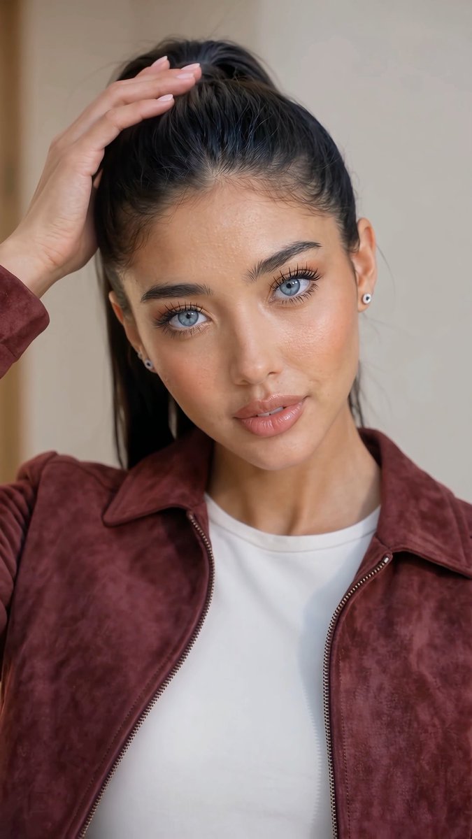 A portrait of a young woman with dark hair pulled back, striking blue eyes, and dewy makeup, wearing a maroon suede jacket over a white shirt. She poses with one hand touching her head, gazing directly at the camera.