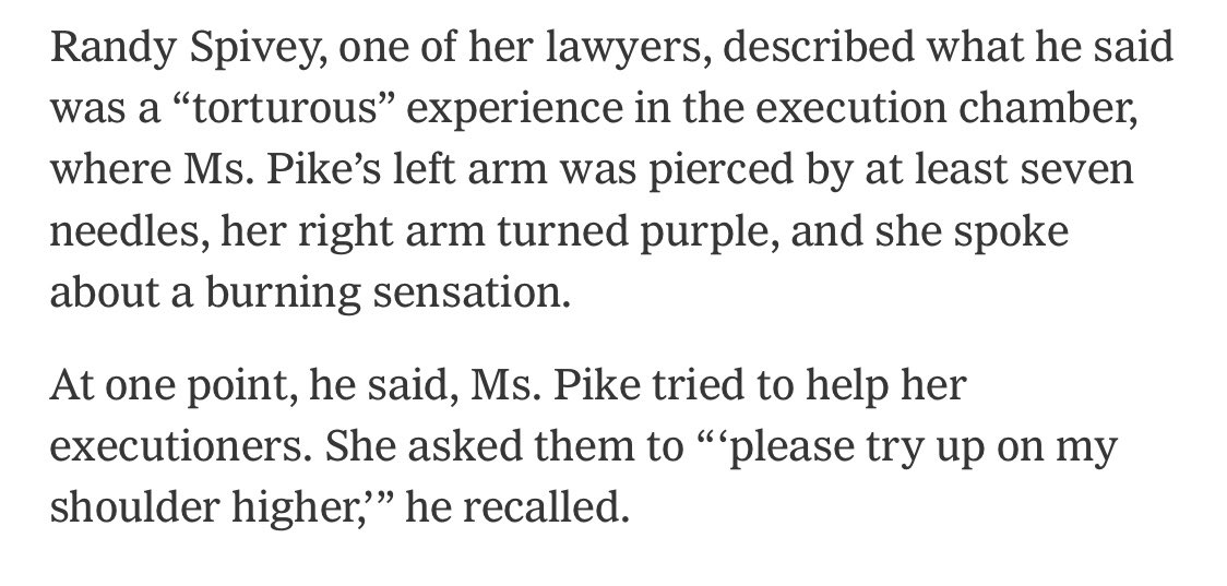 Megankstack's tweet photo. I witnessed several deaths by lethal injection when I was an AP reporter in Texas.

1st, the state should not kill anyone. It’s wrong.

2nd, someone please explain why this is more humane than a bullet in the head. https://t.co/Dha206o1ZH
