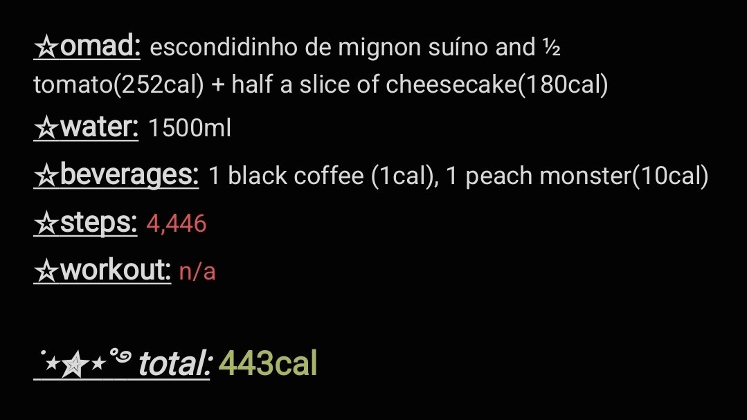 leriasco's tweet photo. day 01 ˙⋆✮⋆˚࿔
started off terribly because my asthma was so bad I couldn't exercise and could barely walk :(
didn't quite get in my water goal BUT i'm within the cal limit so small victories https://t.co/jt7tjeAIaQ