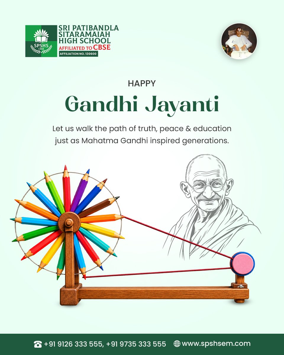 cbsesps's tweet photo. Mahatma Gandhi believed that education shapes the future. This Gandhi Jayanti, may every student grow with knowledge, discipline, confidence and the courage to make a positive difference in the world. 📚🇮🇳

#spshs #cbseschoolguntur #gandhijayanti #gandhijayanti2026 https://t.co/Vl36PGOIM5