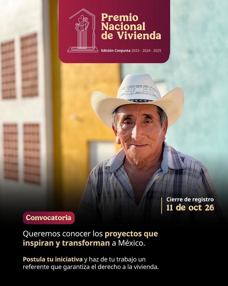 SEDATU_mx's tweet photo. Ampliamos el plazo para que participes en la convocatoria del Premio Nacional de Vivienda, en su edición conjunta 2023, 2024, 2025.

🗓️Tienes hasta el 11 de octubre

Regístrate aquí ⬇️
https://t.co/jnAu6gNGgt https://t.co/ikHLrJ1cAD