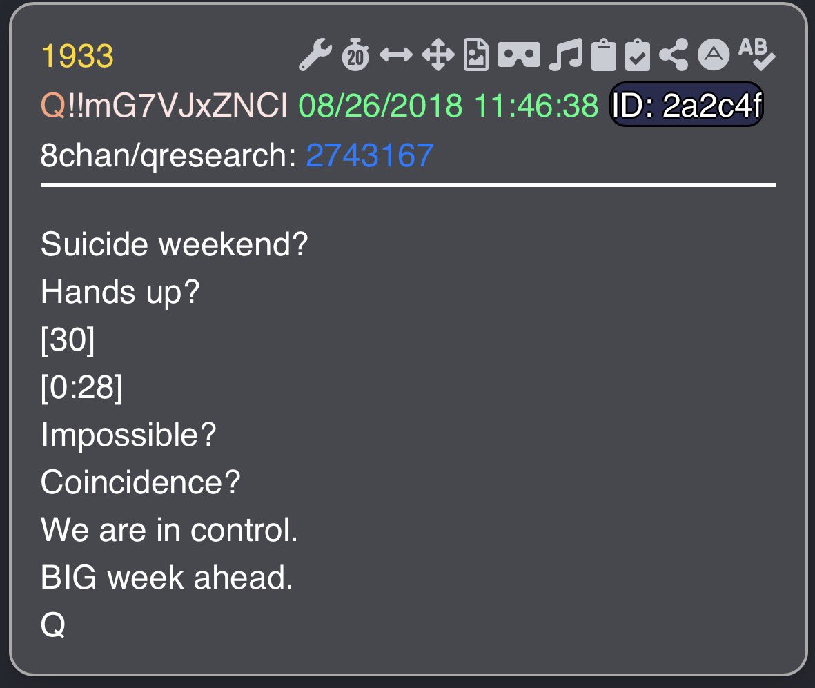 Juliedonuts's tweet photo. PRESIDENT TRUMP POSTS THIS AGAIN‼️‼️💥🇺🇸🇺🇸

CAN YOU FEEL IT!?

7:33pm est/1933 Military

SUICIDE WEEKEND ☠️
WE ARE IN CONTROL 💥
BIG WEEK AHEAD 🔥 

HOLD THAT LINE!! 💥💥🇺🇸✝️ https://t.co/nJd3kIu8Yi