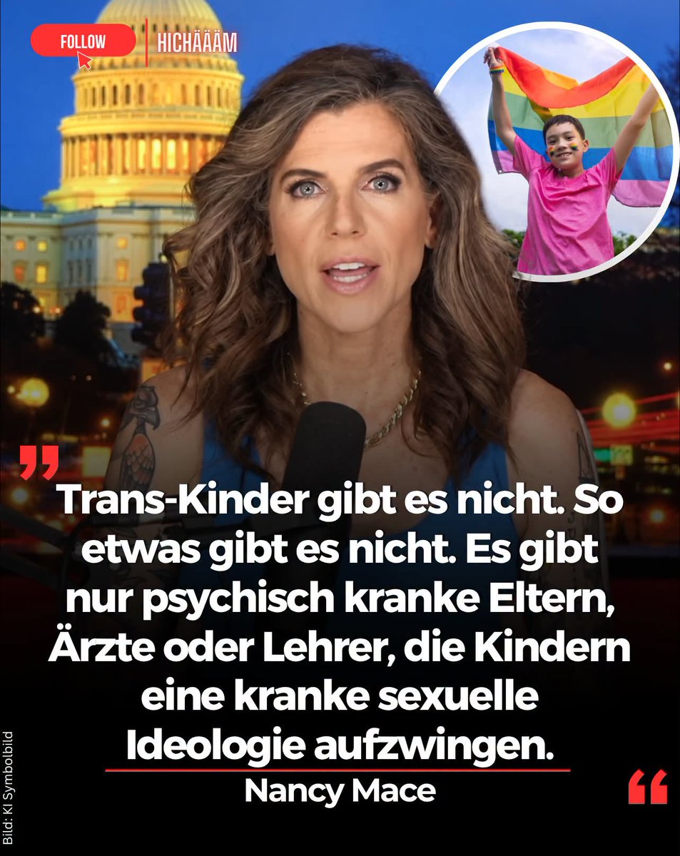 daniel_gugger's tweet photo. 888 Die republikanische US-Abgeordnete Nancy Mace sorgt mit einer deutlichen Aussage zum Thema Transgender und Kinder für Aufmerksamkeit.

Auf ihrem offiziellen X-Account schrieb Mace:

„Trans-Kinder gibt es nicht. So etwas gibt es nicht. 

Es gibt nur psychisch kranke Eltern, Ärzte oder Lehrer, die Kindern eine kranke sexuelle Ideologie aufzwingen.“

Mace vertritt South Carolina im US-Repräsentantenhaus und hat sich in der Vergangenheit wiederholt gegen geschlechtsangleichende medizinische Behandlungen bei Minderjährigen positioniert.