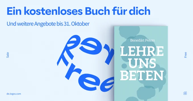 A promotional image featuring a German advertisement. It includes the text offering a free book until October 31st. The cover of the book titled "Lehre Uns Beten" by Benedikt Peters is partially visible. The design includes the word "free" mirrored in blue.