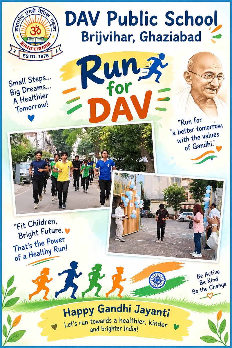 DavBrij's tweet photo. 🇮🇳 Run for DAV – Run for a Healthier India! 🇮🇳🏃♀️
On Gandhi Jayanti, the young minds of DAV Public School, Brijvihar, Ghaziabad came together for a spirited “Run for DAV.” 🌿✨
With every step, our children celebrated fitness, discipline, unity and determination. 💙#runfordav https://t.co/sbpPiEtDYe