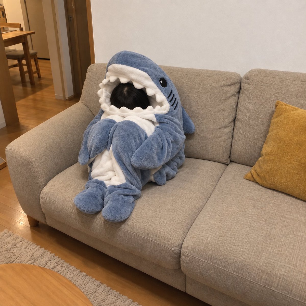 otoku_trend's tweet photo. 子供がほしいというので購入🤣中はフワフワであたたかいらしく、たまに入ったまま寝落ちしてるけど暑くなって出てる🦈笑

自分が思うサイズよりも上のサイズを買うのがおすすめ！ちな、153cmでLサイズでもちょっと短くて動きづらい感じなのでご参考までに🦈

気になった人はAmazonでチェック↓🦈(PR)