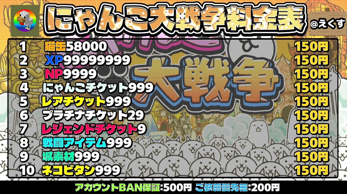 exsk_44's tweet photo. 全部100円にします。

 #にゃんこ大戦争  #にゃんこ大戦争リーク  #にゃんこ大戦争チート  #にゃんこ大戦争代行  #にゃんこ大戦争コラボ https://t.co/W6XMJFG6xv