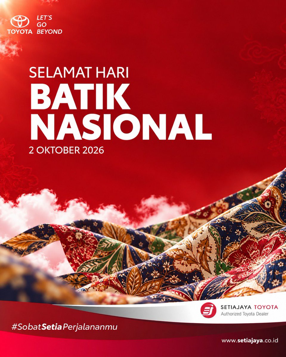 setiajayatoyota's tweet photo. Mari terus lestarikan batik sebagai warisan budaya Indonesia yang penuh makna dan kreativitas.

Karena batik bukan sekadar kain, tapi bagian dari identitas dan cerita Nusantara yang terus hidup dari generasi ke generasi.

Selamat Hari Batik Nasional!

#SetiajayaToyota https://t.co/8qxQhtLDHu