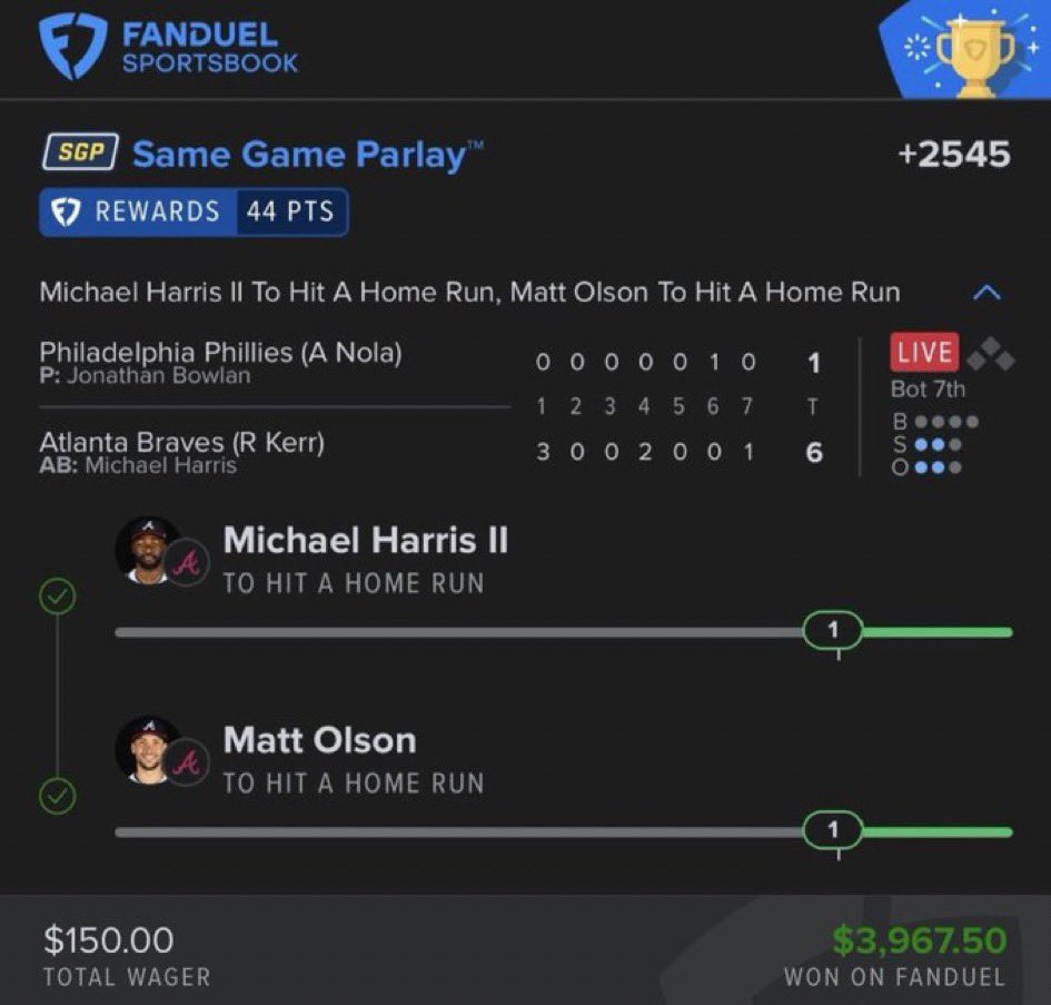 triciatips_'s tweet photo. POV: You let the algorithm cook and it serves up a Braves special. 🧑‍🍳🔥
 
Michael Harris II and Matt Olson both said 'say less.' 💣💣 Two moonshots. +2545. $150 ➡️ $3,967.50. We are SO back. No sweat. No stress. Just two Braves sending baseballs to the moon and my bankroll 🚀💰🔒 https://t.co/zDr61GuxVD