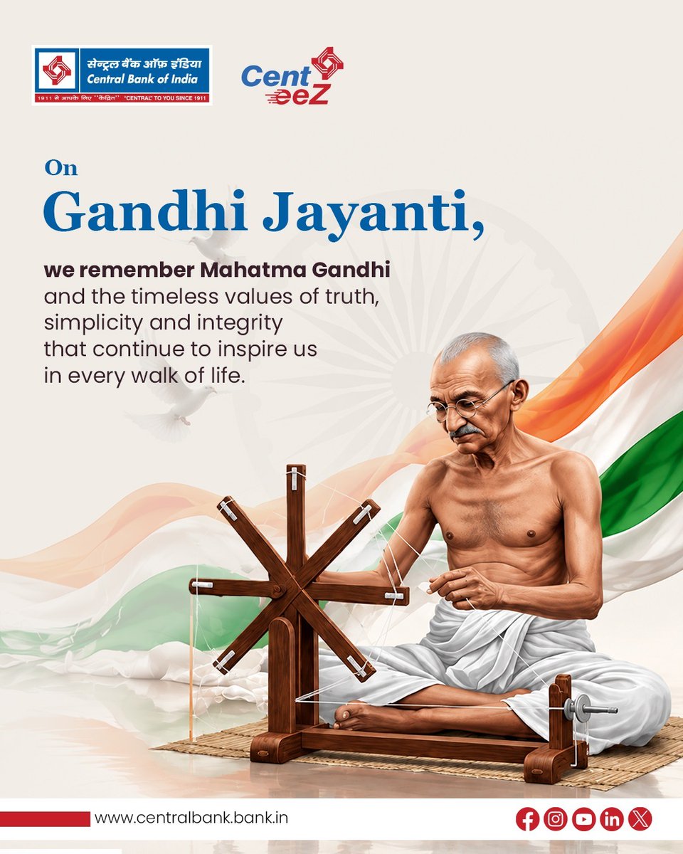 centralbank_in's tweet photo. Remembering the values of truth, simplicity and integrity that continue to guide generations.
#GandhiJayanti #MahatmaGandhi #TruthAndIntegrity #CentralBankOfIndia #CentralToYouSince1911 https://t.co/ct3WmiNUGu