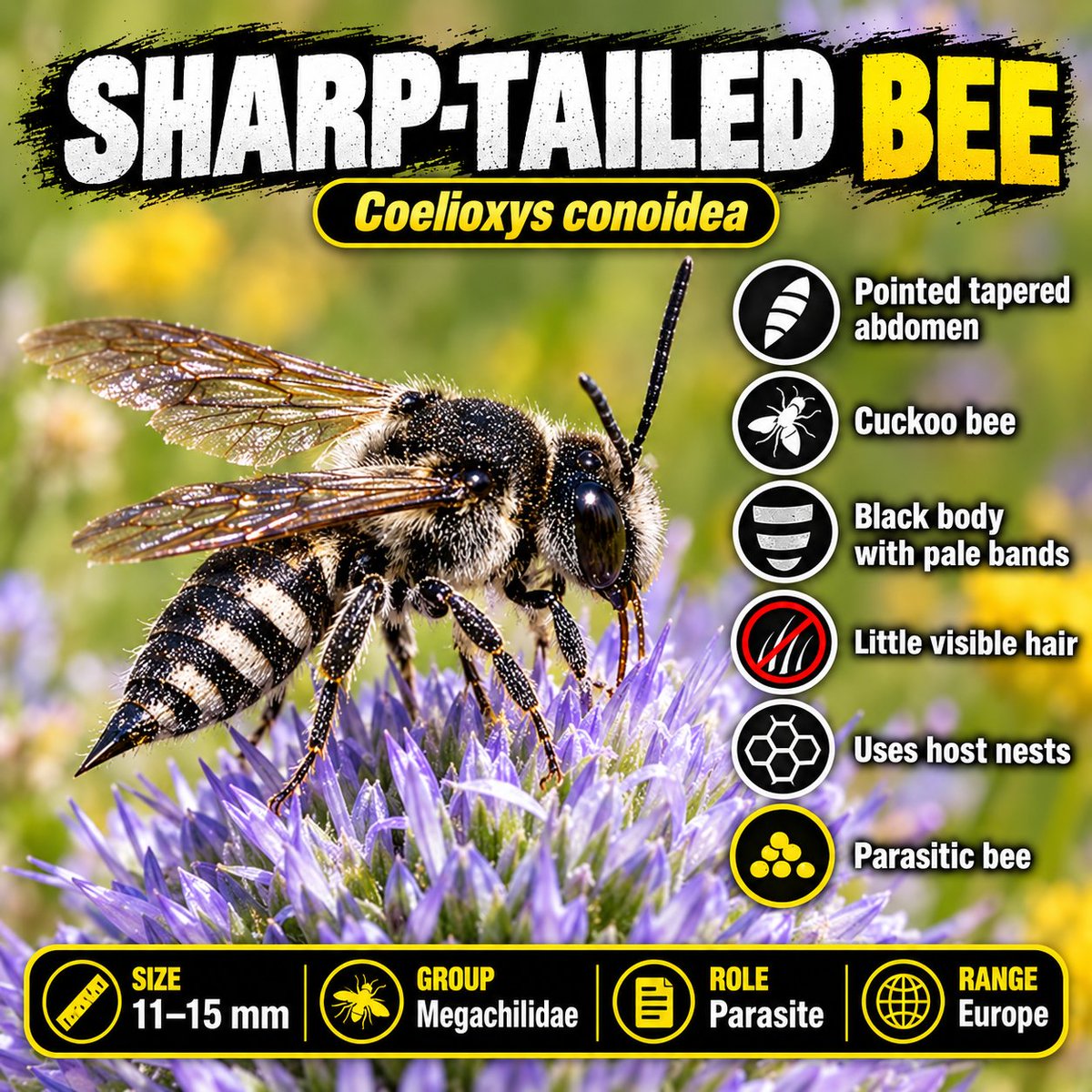 Naturetofly's tweet photo. Bee or wasp? 🐝⚡ Coelioxys conoidea and Cerceris rybyensis may look similar at first, but they live very different lives. One is a sharp-tailed cuckoo bee that uses host nests, while the other is a bold yellow-banded digger wasp that hunts small bees and nests in soil. Same warning look, different strategies. Which one fooled you first?
#BeeVsWasp #InsectWorld #NatureFacts