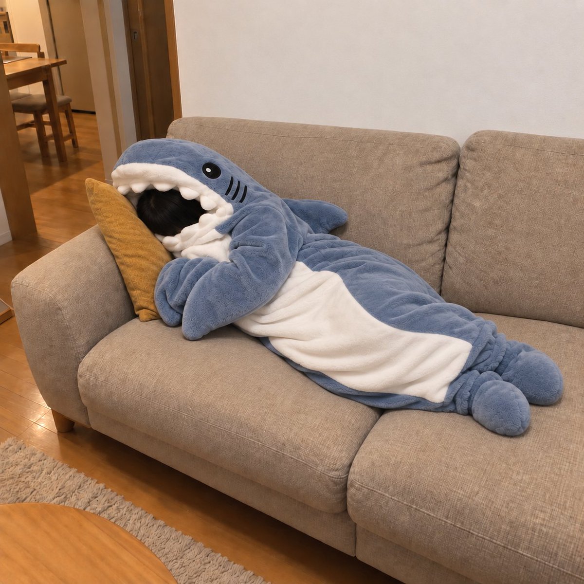otoku_trend's tweet photo. 子供がほしいというので購入🤣中はフワフワであたたかいらしく、たまに入ったまま寝落ちしてるけど暑くなって出てる🦈笑

自分が思うサイズよりも上のサイズを買うのがおすすめ！ちな、153cmでLサイズでもちょっと短くて動きづらい感じなのでご参考までに🦈

気になった人はAmazonでチェック↓🦈(PR)