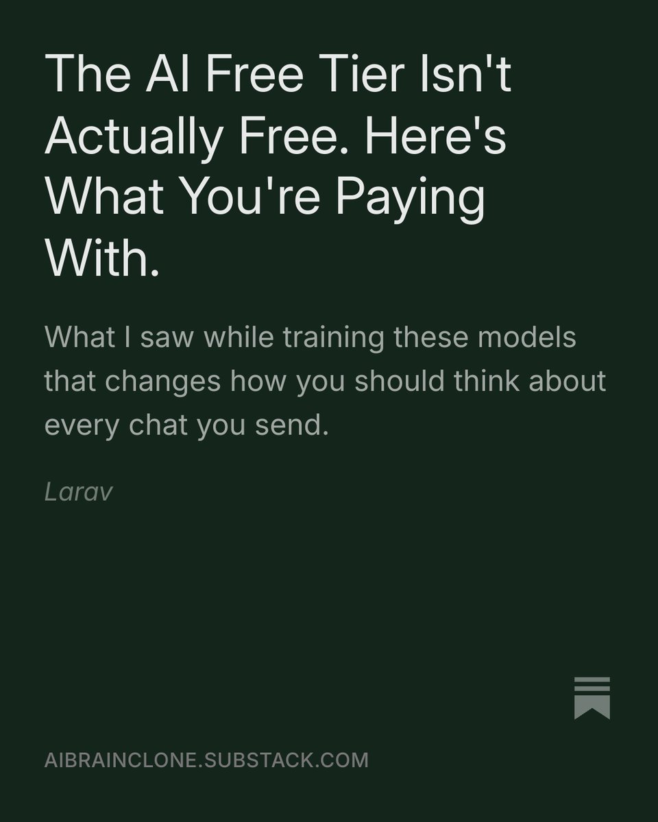 LaRaven_Gordon's tweet photo. Hot take from someone who's trained these models:

The free AI tier isn't free. Your inputs can become training data. You're not getting over on the system — the system is getting something from you. https://t.co/XfV4tor2US