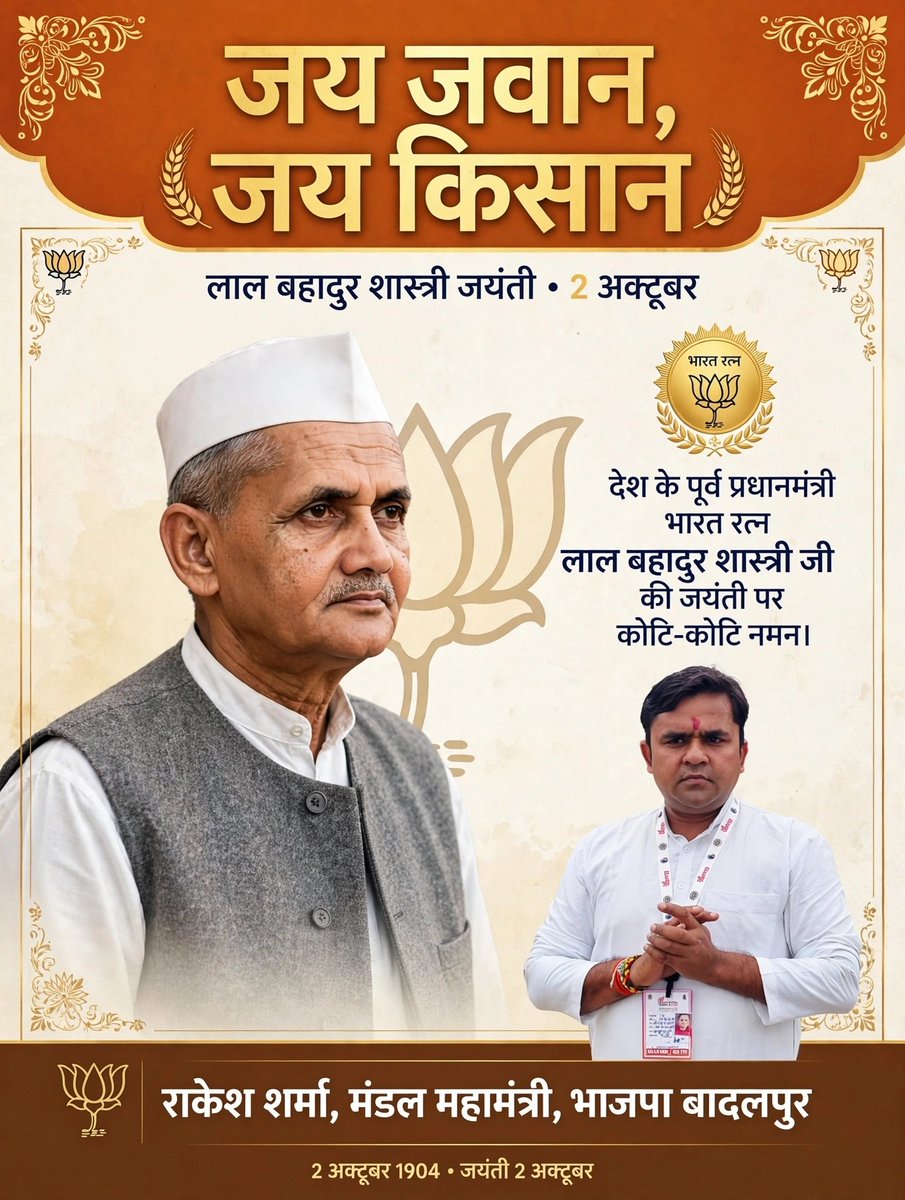rkshsharma's tweet photo. जय जवान, जय किसान का नारा देकर देश को नई दिशा देने वाले भारत के पूर्व प्रधानमंत्री, लाल बहादुर शास्त्री जी की जयंती पर उन्हें सादर नमन।

उनकी सादगी, विनम्रता और देशवासियों के अधिकारों के लिए उनका अटूट संकल्प हमारा सदैव मार्गदर्शन करता रहेगा। https://t.co/DJbxp9amrw