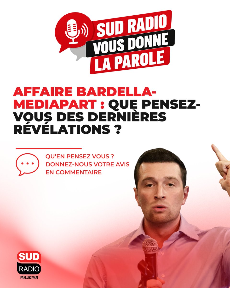 SudRadio's tweet photo. 🔴 Affaire Bardella - Mediapart

👉Après les dernières révélations, pensez-vous que le président du RN s'en sortira : indemne ? renforcé ? ou il ne s'en relèvera pas ?

📻Vos réactions seront reprises dans le #GrandMatin avec @JacquesCardoze de 7h à 10h https://t.co/9ustYCGPen