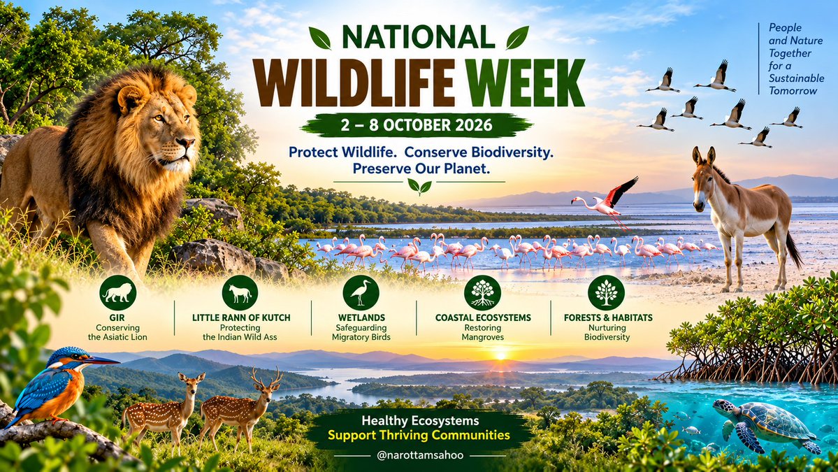 narottamsahoo's tweet photo. Protect Wildlife Today, Preserve Life for Tomorrow!

National Wildlife Week | 2–8 October 2026.

India’s rich biodiversity is our priceless natural heritage. From #forests and #wetlands to #grasslands and coastal #ecosystems, every habitat sustains life and maintains ecological balance.

#Gujarat’s conservation initiatives, including #GirNationalPark’s #AsiaticLion conservation, the protection of the #IndianWildAss in the Little Rann of Kutch, the conservation of #flamingos and migratory birds in wetlands, and mangrove restoration along its coastline, reflect the importance of safeguarding our natural treasures.

This #WildlifeWeek, let us strengthen community participation, protect habitats, conserve endangered species and promote sustainable practices for a harmonious coexistence between people and nature.

Protect #Wildlife . Conserve #Biodiversity. Preserve Our #Planet.

@PopSci @SciInteresting @WWF @MyGovIndia
