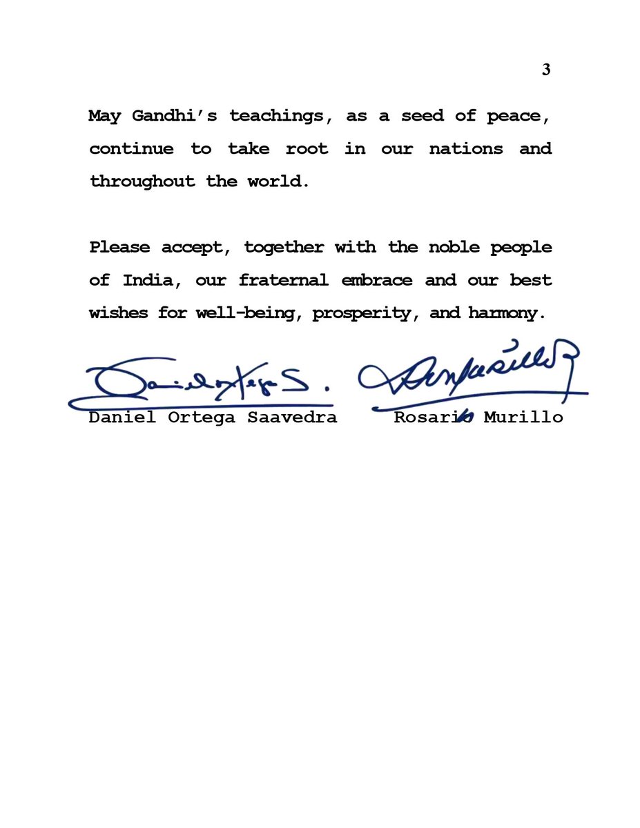 EmbaNicIndia's tweet photo. On the occasion of the 157th anniversary of the birth of Mahatma Gandhi and the International Day of Nonviolence, the Government of Nicaragua conveyed its warm congratulations to the people and Government of India. https://t.co/pyLAydI5i5