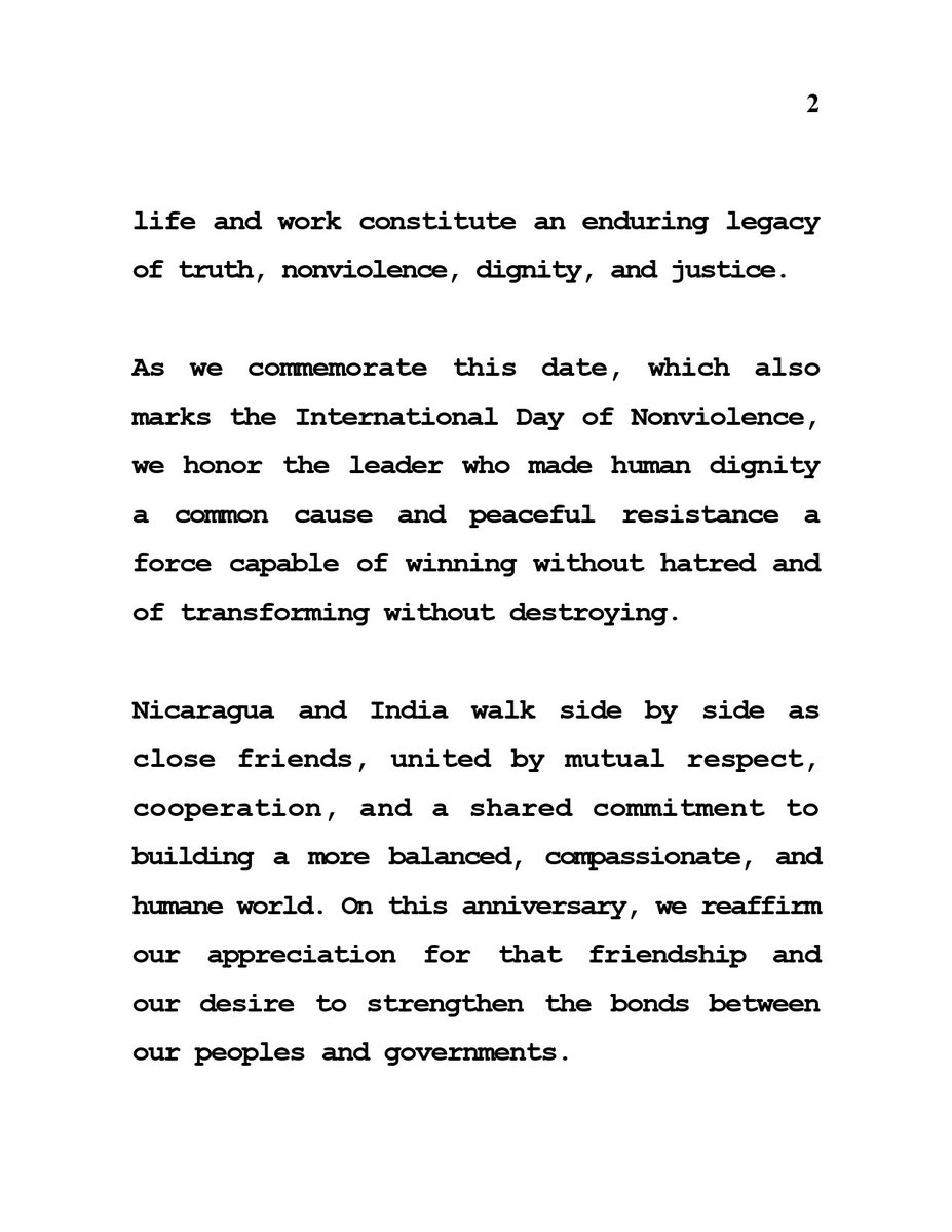 EmbaNicIndia's tweet photo. On the occasion of the 157th anniversary of the birth of Mahatma Gandhi and the International Day of Nonviolence, the Government of Nicaragua conveyed its warm congratulations to the people and Government of India. https://t.co/pyLAydI5i5