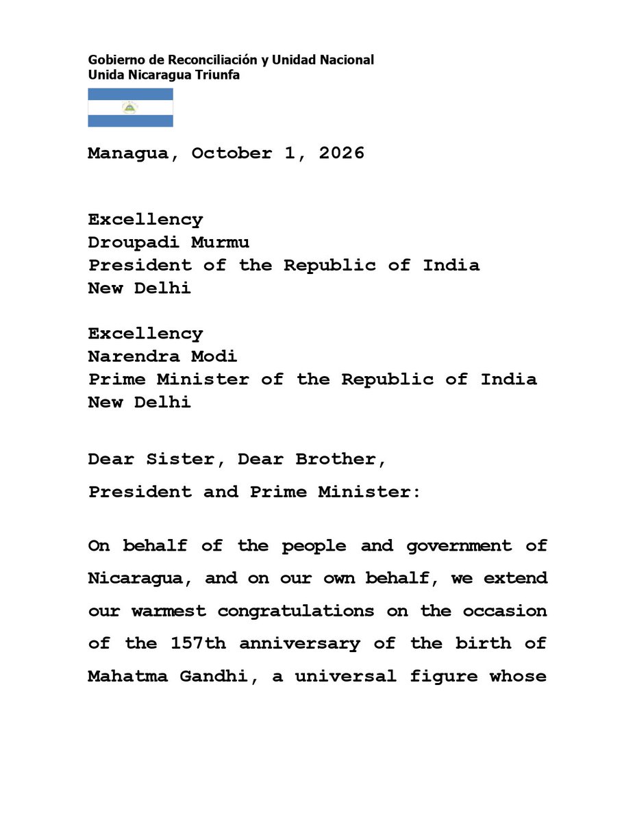 EmbaNicIndia's tweet photo. On the occasion of the 157th anniversary of the birth of Mahatma Gandhi and the International Day of Nonviolence, the Government of Nicaragua conveyed its warm congratulations to the people and Government of India. https://t.co/pyLAydI5i5