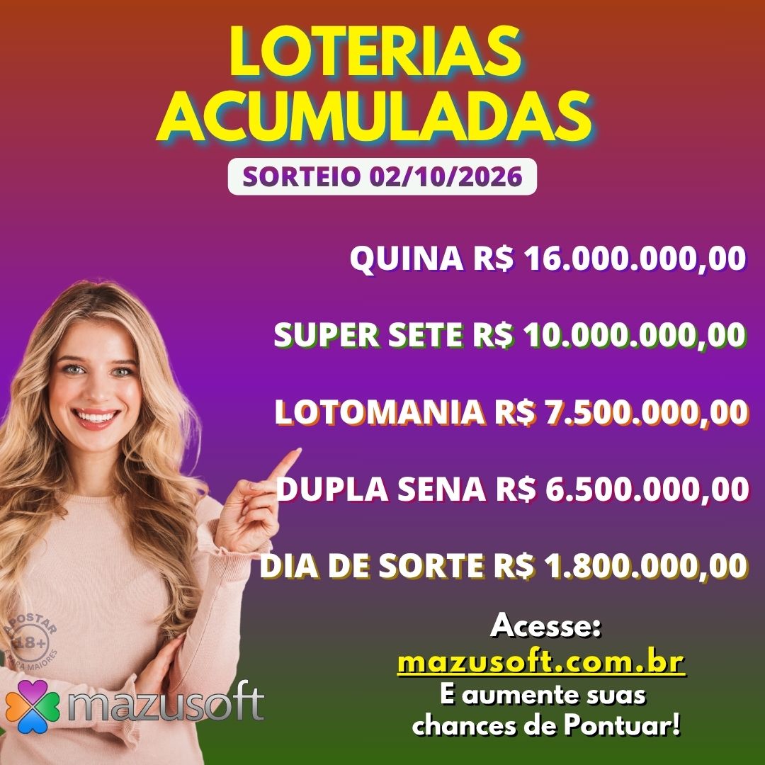 MazuSoft1's tweet photo. Acumuladas com Sorteio dia 02/10/2026

Lotomania, Quina, Super Sete, Dupla Sena e Dia de Sorte

Acesse o Site para consultar o Comportamento dos números, e as Ferramentas de Análise Estatística e Geradores.

#acumuladas #lotomania #quina
#supersete #duplasena #diadesorte https://t.co/X211GD9wAL