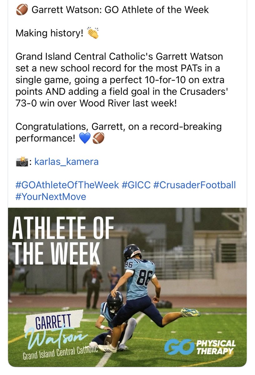 GarrettWKicking's tweet photo. Blessed to receive Athlete of the Week! Thank you for everyone’s support. https://t.co/13i5RudlFf