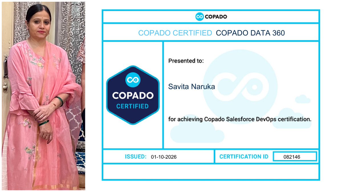 bodaciousithub's tweet photo. We congratulate Savita Naruka on being a Copado Data 360 Certified Prefessional.

She is an AGENTIA ADVANCED Certified Professional , Copado Certified Administrator and has achieved Copado AI Certification.

@CopadoSolutions 
@salesforce 
.
#Copado #Salesforce #AI #BodaciousITHub https://t.co/Prm1lBvRhM