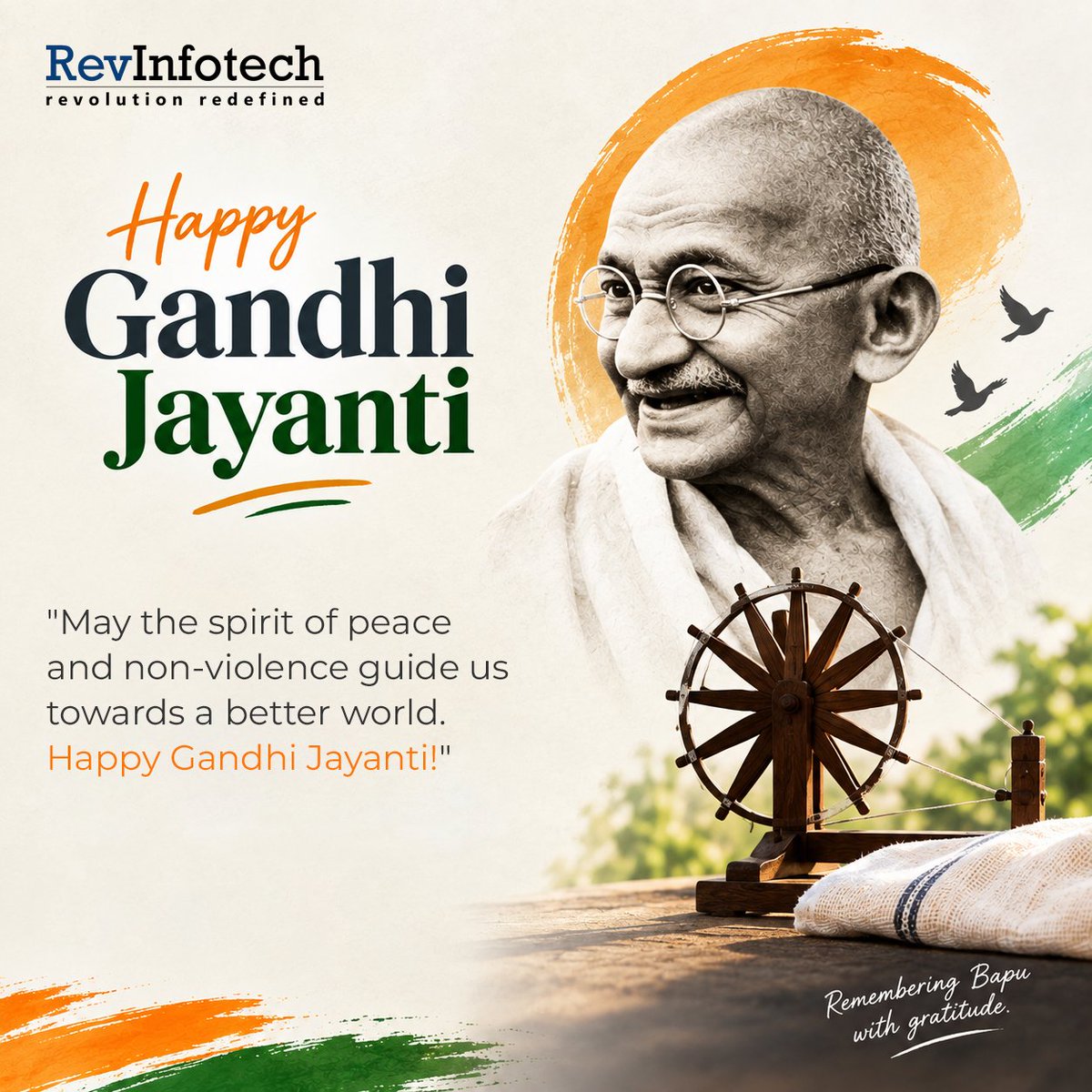 RevInfotech's tweet photo. 🌱 Build with purpose. Lead with integrity. Move forward with courage. 

This Gandhi Jayanti, @RevInfotech remembers Mahatma Gandhi and the timeless values that continue to inspire meaningful progress. 

📷 Truth. Integrity. Purpose.

#GandhiJayanti #MahatmaGandhi #RevInfotech https://t.co/40qIIhkgJa