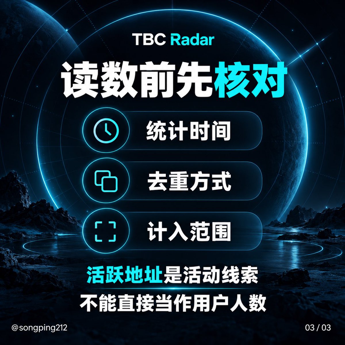 songping212's tweet photo. 活跃地址变多，用户就一定变多吗？

看 TBC 数据，先分清：
一个人可以使用多个地址，托管地址也可能对应多人。

读数前，核对统计时间、去重方式和计入范围。
活跃地址是活动线索，不能直接当作用户人数。

你最常看哪个链上指标？
#TBC #TBCRadar https://t.co/91o9Ij7FJE