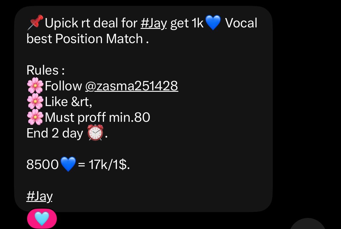 littlenji_'s tweet photo. 📌Upick rt deal for #Jay get 1k💙 Vocal best Position Match .

Rules :
🌸Follow @zasma251428 
🌸Like &amp;rt,
🌸Must proff min.80 
End 2 day ⏰.

8500💙= 17k/1$.

#Jay https://t.co/drtvYXqeop