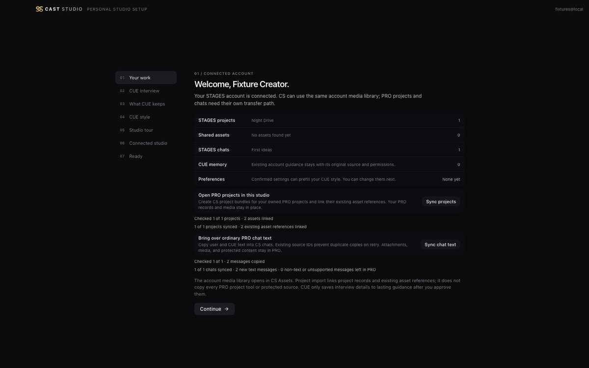 The connected-account setup separates shared media, project imports and chat transfers.