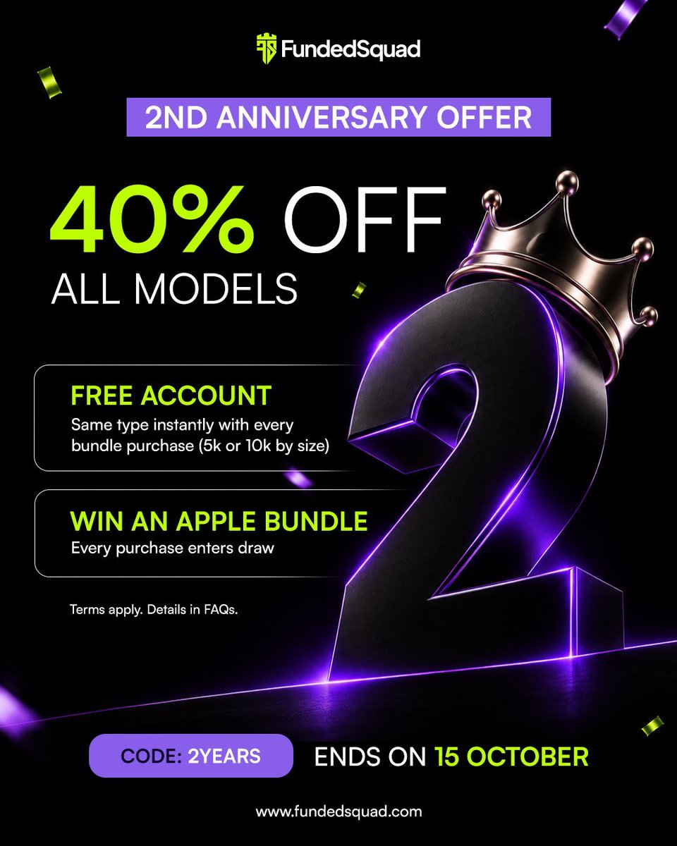 prop_shield's tweet photo. Funded Squad's 2nd Anniversary is live — 40% off all models, a free matching account with eligible bundles, and a shot at an Apple bundle giveaway. Code 2YEARS, through Oct 15.
@fundedsquad

https://t.co/OHKkpFVa3r
#FundedSquad #PropTrading https://t.co/TnXxqXW5tr