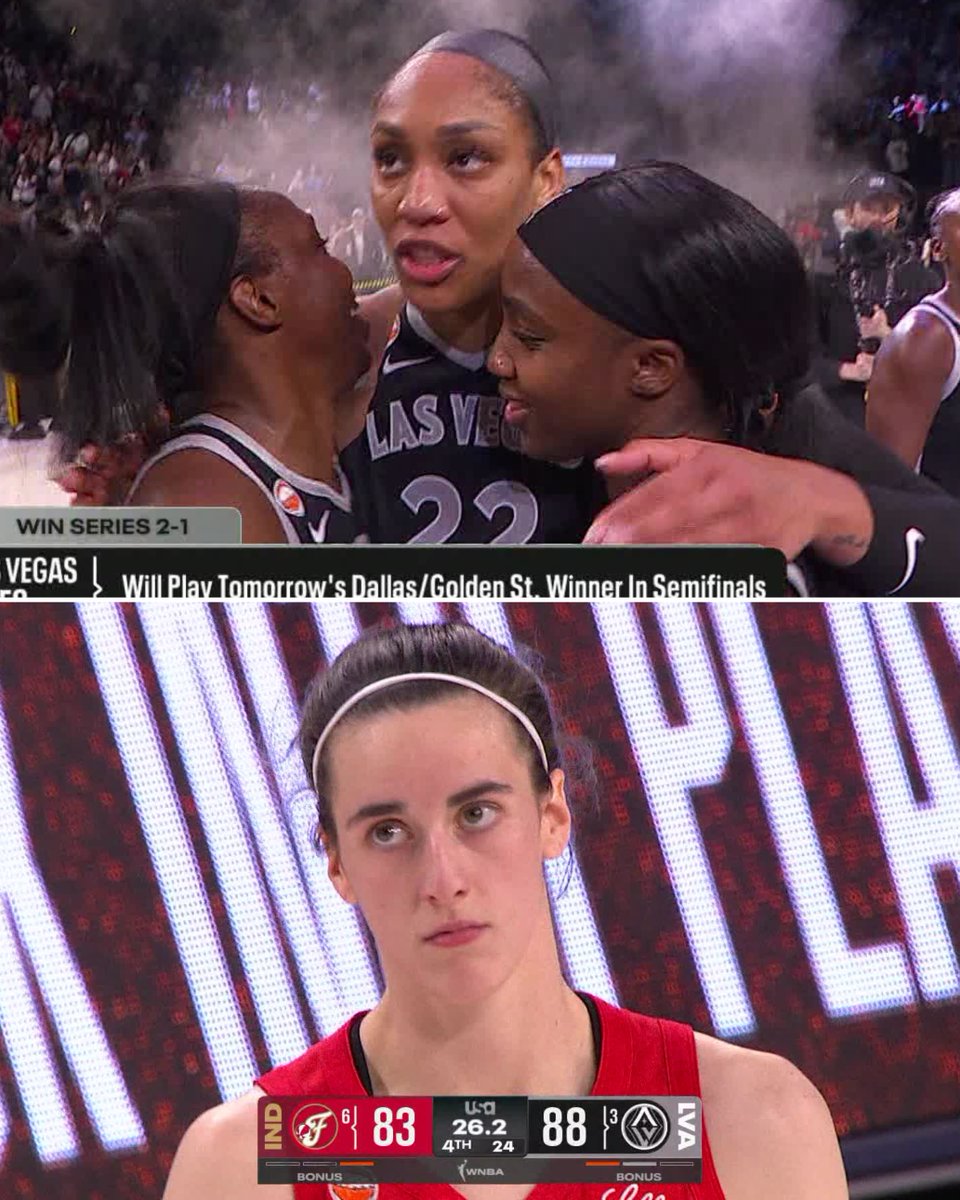 BleacherReport's tweet photo. ACES ELIMINATE CAITLIN CLARK AND FEVER IN THE 1ST ROUND ♠️

A'JA WILSON DROPS 36 PTS-10 REB TO ADVANCE 🔥 https://t.co/9KbLIDYIJ1