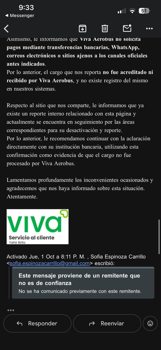 Patodillon99's tweet photo. @VivaAerobus tuvo una brecha de información, a mi y mi esposa nos estafaron con información PRIVADA de información nuestra de su vuelo y no están haciendo nada al respecto. Ya reportamos la situación y dos veces ya nos mandaron la misma respuesta (claramente automática) https://t.co/zv8QMvCtxF