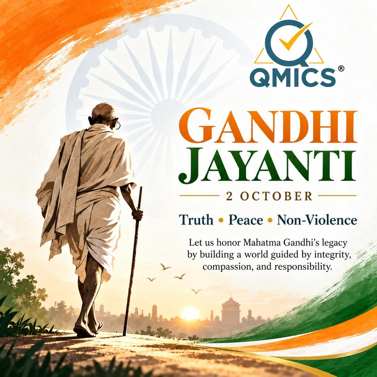 QmicsGroup's tweet photo. 🇮🇳 Remembering the Father of the Nation on Gandhi Jayanti.
Let us honour Mahatma Gandhi’s legacy by embracing Truth, Peace &amp; Non-Violence. 🕊️
May his values continue to inspire us to build a better tomorrow. ✨
Happy Gandhi Jayanti! 🙏
#GandhiJayanti #PeaceAndLoveFromPeru #QMICS https://t.co/TkVyVHYWZH