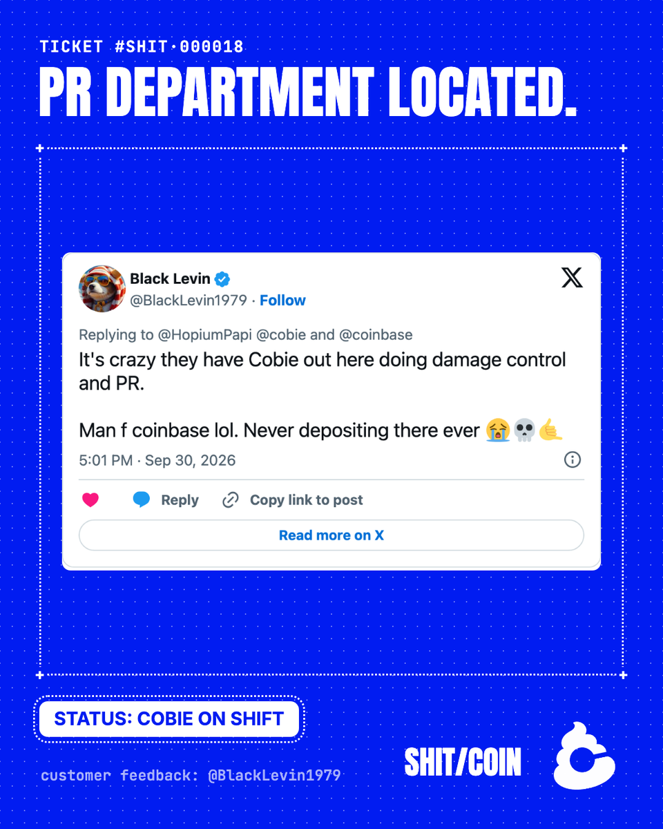 ShitcoinSupp's tweet photo. TICKET #SHIT·000018
damage control has been assigned.
to @cobie 
again. https://t.co/tcuLHxju69