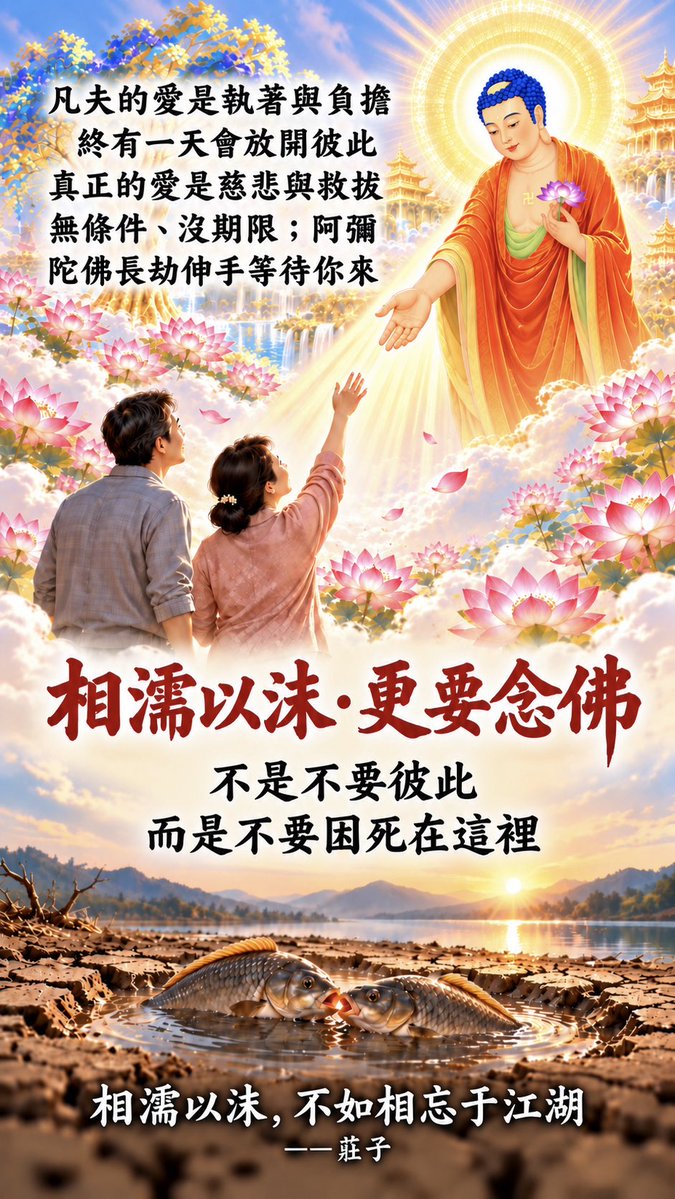 sdnftsdnftsdnft's tweet photo. 《不是放棄彼此，而是同生極樂》
莊子：「相濡以沫，不如相忘于江湖。」白話文淺釋：泉水乾涸了，兩條魚一起被困在陸地上。它們為了活下去，只能互相吹氣，用嘴裡的一點點水沫來滋潤對方。可是，與其這樣在困境中彼此依靠、苦苦掙扎，還不如回到江河湖海之中，各別自在地生活。
道晟法師開示：在娑婆世界，即使一生皆能相濡以沫，也是煩惱不斷艱辛存活，終須面對死亡被迫分離，再入輪迴受無盡苦。不如一同念佛回極樂世界，仰仗佛願快速成佛，圓滿修行，彼此成為永久菩提眷屬，攜手共度十方眾生。
所以，請將彼此的手都交到阿彌陀佛手裡，讓我們今生都回到極樂，各自快速成佛圓滿修行。那時仰仗彌陀願力，我們慈悲智慧功德相當，可以永久握住彼此的手；自在廣度十方無量眾生！（節錄10/02道晟法師開示）