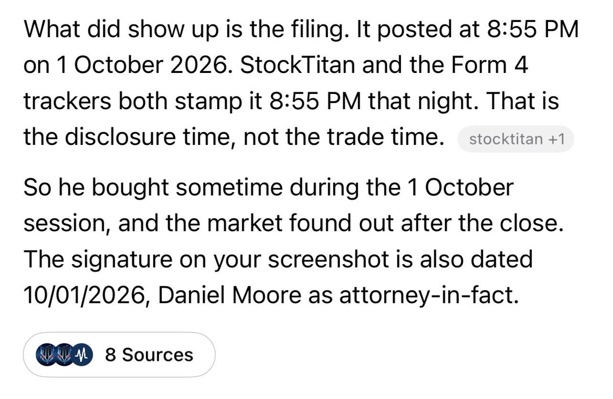 BigboyJuju's tweet photo. The 855 number keeps showing up in the strangest places. 👀

Nat Turner’s $GME purchase just came through at 8:55 PM.

For those following the thread:

UID 855 → Mr. Wizard
855 → the account that brought everyone back to Keith’s old history (@tsukionsolana started it all)

And now a @gamestop director buys shares at a timestamp matching that same number.

Maybe it’s nothing. 

Maybe it’s another one of those moments where you stop and ask why the same numbers keep appearing around this story.

But sadly some will say that our TSUKI community probably hypnotised Nat for this to come through at 8:55pm lol
 
$GME solana:463SK47VkB7uE7XenTHKiVcMtxRsfNE2X4Q9wByaURVA 

cc: @Anthony57587 @tsukionsolana