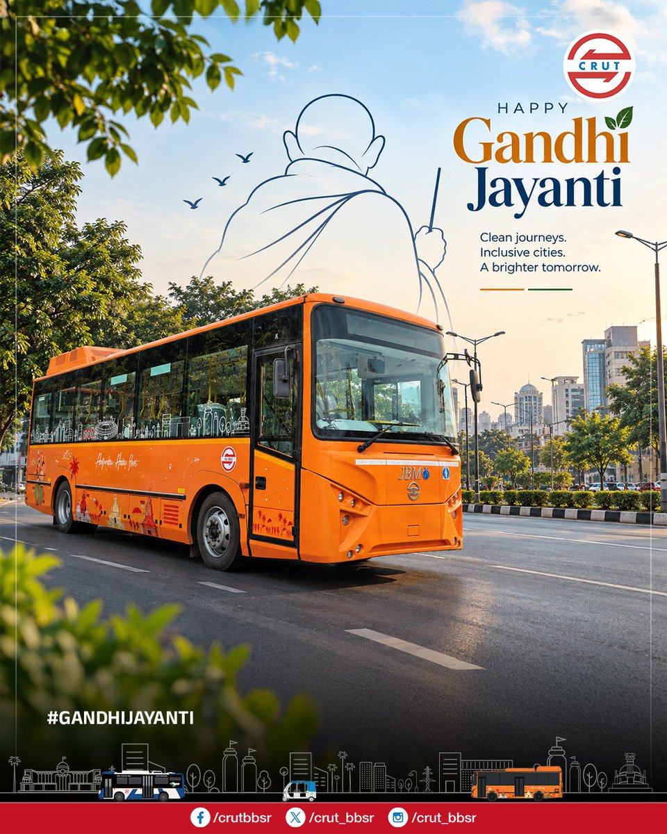 CRUT_BBSR's tweet photo. On Gandhi Jayanti, we honour Mahatma Gandhi’s vision of clean, inclusive and sustainable communities.

Through green urban mobility, CRUT is helping turn this vision into everyday journeys with Ama Bus.

#gandhijayanti #amabus #greenmobility #sustainablecities #UrbanMobility https://t.co/FYallClrwM