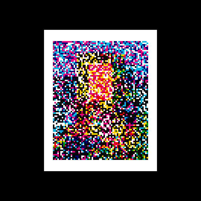 A pixelated, mosaic image depicting a face or skull composed of colorful squares on a black background, presented within a white border.