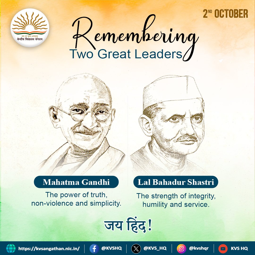 KVS_HQ's tweet photo. Remembering Mahatma Gandhi and Lal Bahadur Shastri on their birth anniversaries.

Their lives continue to inspire us with the values of truth, non-violence, simplicity, integrity and selfless service to the nation.

#GandhiJayanti2026 #LalBahadurShastri #JaiHind https://t.co/D0YSDtmDrc