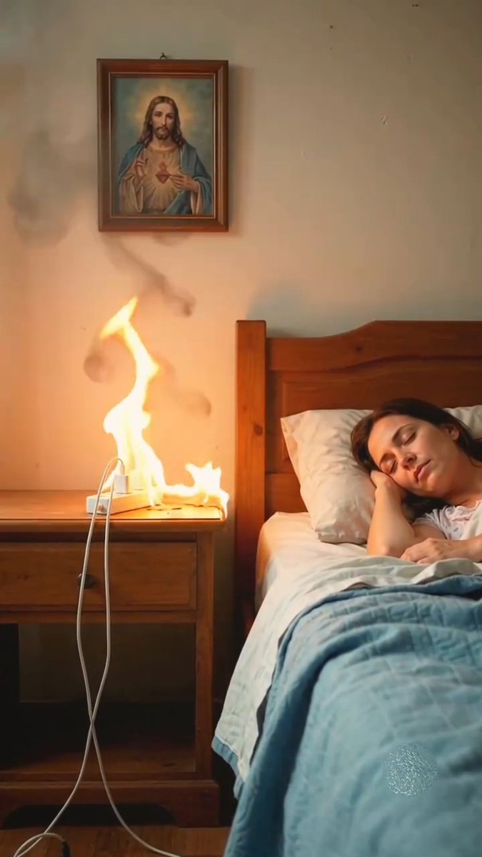 A woman sleeps peacefully in bed beneath a picture of Jesus, while a power strip on her wooden nightstand burns intensely.