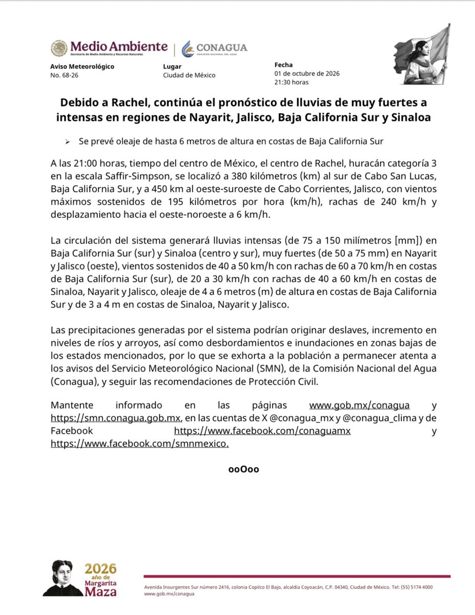 conagua_mx's tweet photo. #AvisoMeteorológico

El @GobiernoMX informa que debido a #Rachel, continúa el pronóstico de lluvias de muy fuertes a intensas en regiones de #Nayarit, #Jalisco, #BajaCaliforniaSur y #Sinaloa.
 
Se prevé oleaje de hasta 6 metros de altura en costas de #BajaCaliforniaSur. 

Más información: https://t.co/XiyiKF8CAk