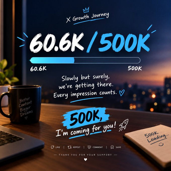 A graphic celebrating a 'Growth Journey' with a progress bar showing '60.6K / 500K' and text reading 'Slowly but surely, we're getting there. Every impression counts. 500K, I'm coming for you!'