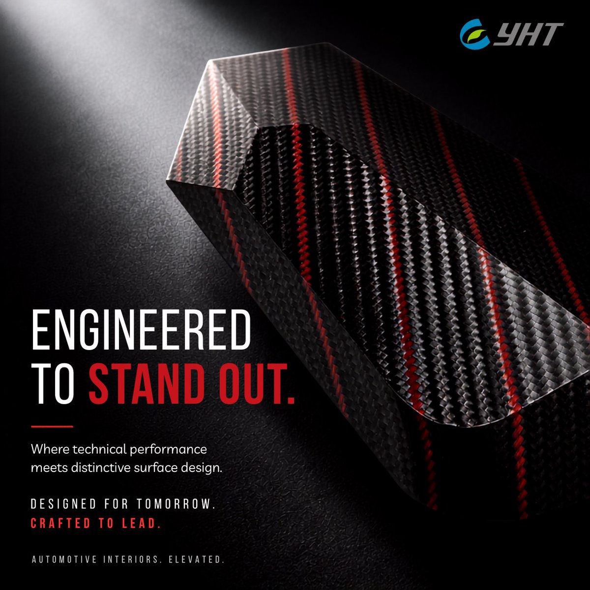 YuanHengTai's tweet photo. A carbon fiber look, a touch of red, and a whole new feel for the interior.

YHT’s IMD decorative film adds depth and a sporty character to automotive trim, with details that catch the light as the shape curves.

#AutomotiveInteriors #CMFDesign #IMD #INS #SurfaceDesign https://t.co/4N1l9Er3cY