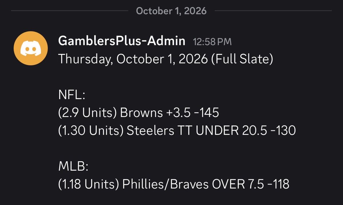 GamblersPlus's tweet photo. @BookitWithTrent @PrizePicks THIS IS WHAT WE DO!!

NFL:
(2.9 Units) Browns +3.5 -145✅
(1.30 Units) Steelers TT UNDER 20.5 -130❌

MLB:
(1.18 Units) Phillies/Braves OVER 7.5 -118✅

Units: +1.65
Record: 2-1 https://t.co/UPKXXnOHhJ