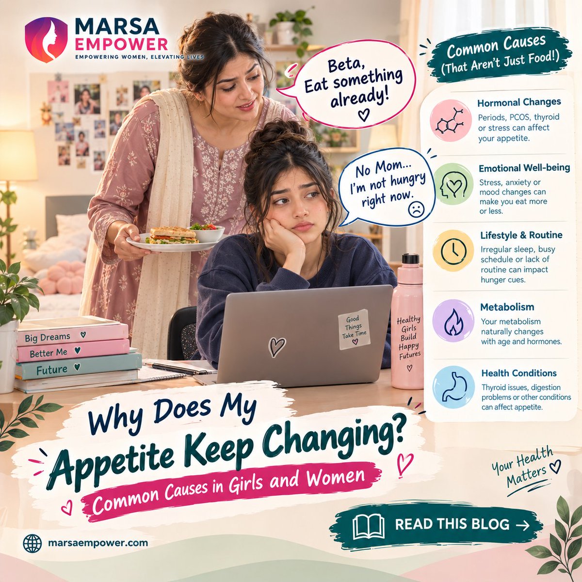 marsaempower's tweet photo. Why Does My Appetite Keep Changing? Common Causes in Girls and Women

Your appetite shifts with sleep, stress, and hormones: here's what's normal and when to pay closer attention.

Read Full Blog 👇
 https://t.co/zlTru4iSaY

#MarsaEmpower #WomensHealth #HormonalHealth https://t.co/ktruJBqanR