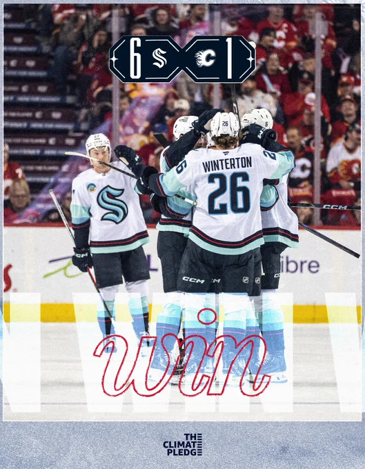 "WIN" graphic featuring photo of Kraken players celebrating a goal.