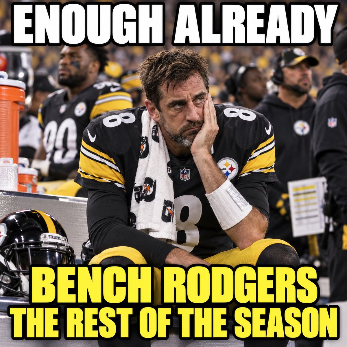 PalliativeCRNP's tweet photo. Fuck it. Bench Rodgers.

This offense looks like pee-wee football with a $200 million payroll.

Except pee-wee teams occasionally move the fucking ball.

#Steelers #HereWeGo https://t.co/IS4u0fFKU6