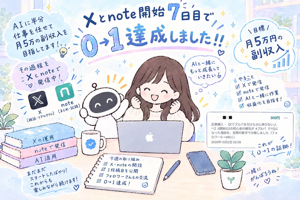 hanbun_ai_lab's tweet photo. 【ご報告】Xとnote開始7日目。
なんとなんと…0→1達成しました😭🎉

初収益は……300円

でも、この300円がめちゃくちゃ嬉しい。

「AIに仕事を半分任せて月5万円の副収入を作る」

その挑戦で、初めて自分の力で0→1を作れました。

ここから月5万円までの過程を全部発信していきます🔥
今後ともよろしくお願いします✨️

私が今までやってきた記録はnoteにまとめてますので、固定ポストからぜひ確認してみてください️📝